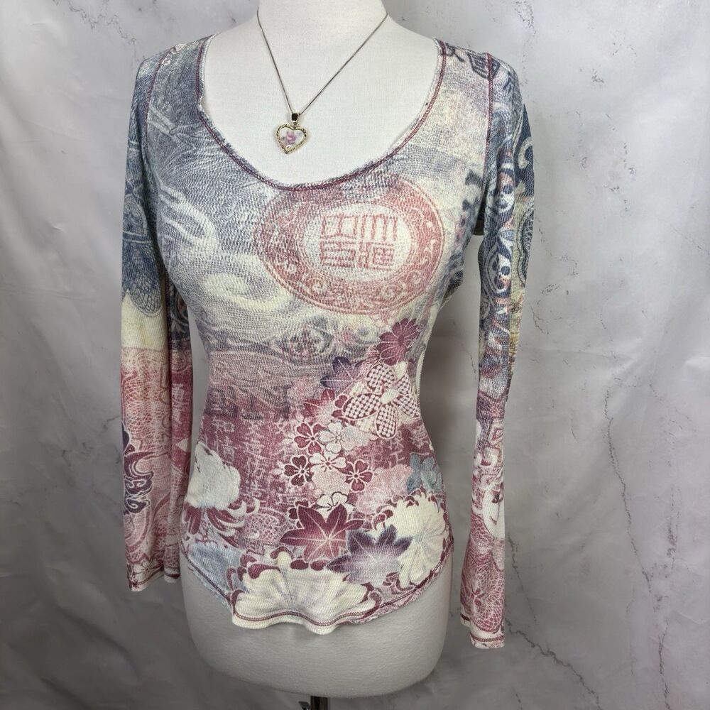 Vtg Y2K Lucky Brand Top 00s Asian Print Waffle Knit Long Sleeve Shirt 2000s - Picture 9 of 11
